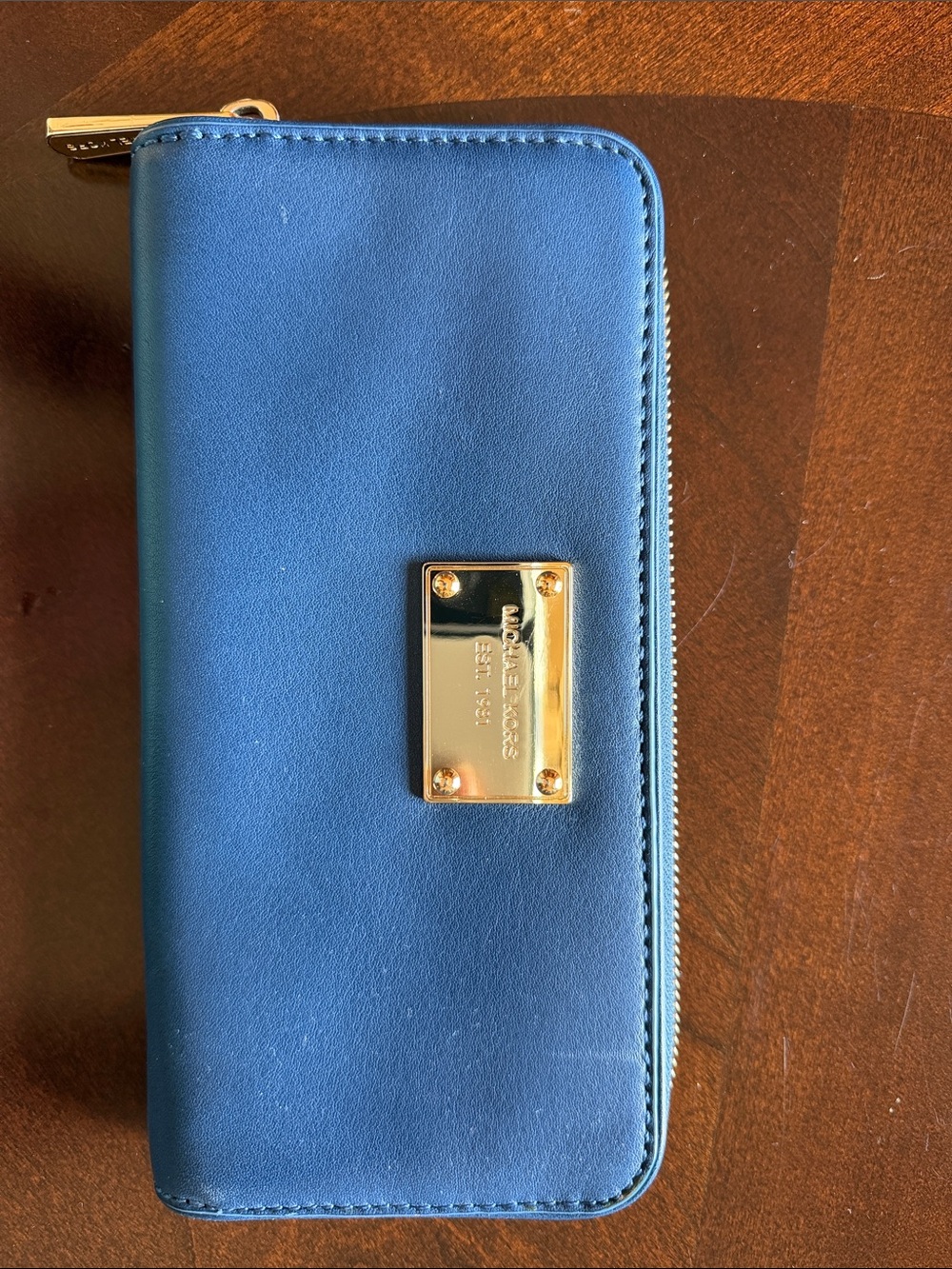 Michael Kors Blue Leather Zip Wallet with Gold Plate